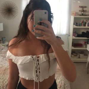 Smocked Lace Up Tassel Tie Crop Top